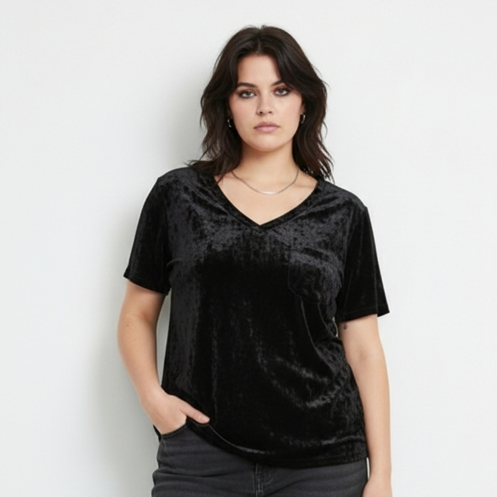 Poof! Velour Tee Black Goth Grunge Boho Short Sleeve Top Casual 2X
